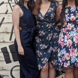 Faux-wrap dark green floral maxi high-low dress